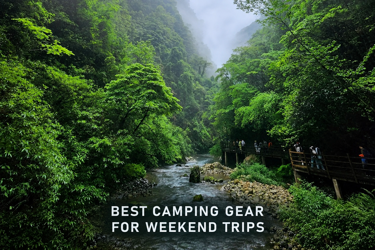 Misty green canyon and stream with Best Camping Gear for Weekend Trips headline at the bottom